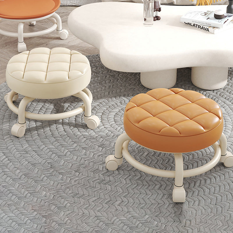 Modern Leather Wood Metal Checkered Low Stool