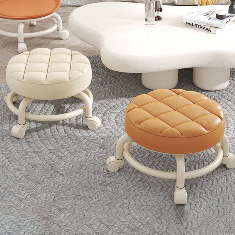 Modern Leather Wood Metal Checkered Low Stool