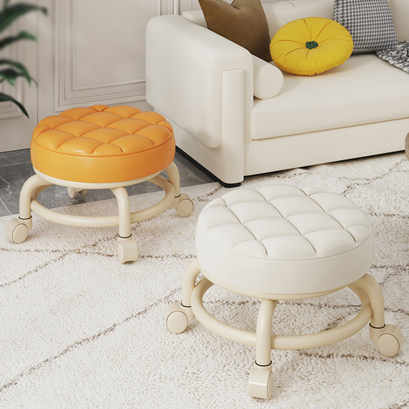 Modern Leather Wood Metal Checkered Low Stool