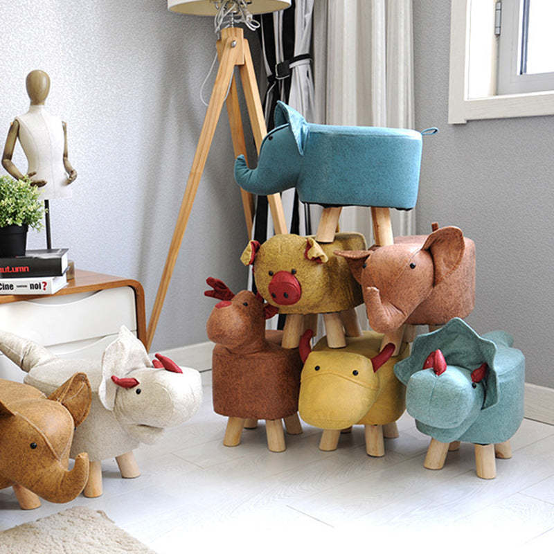 Contemporary Kids Elephant Fabric Wood Footstool — Elephant - Blue