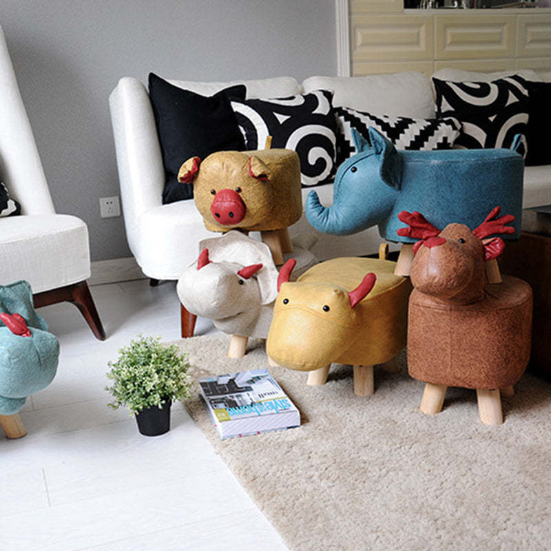 Contemporary Kids Elephant Fabric Wood Footstool — Unicorn - Blue