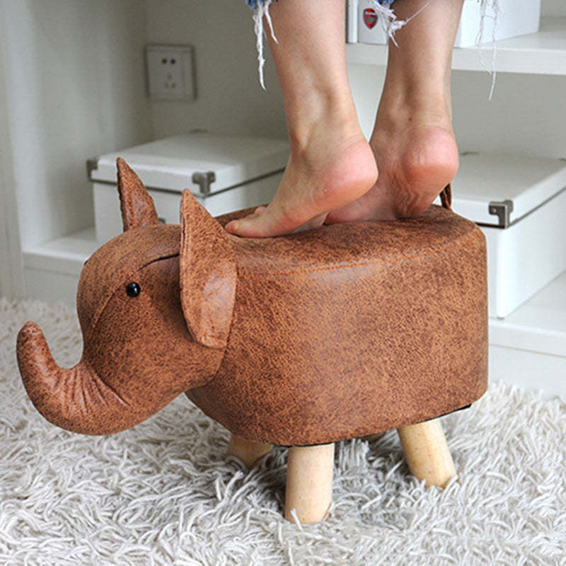 Contemporary Kids Elephant Fabric Wood Footstool