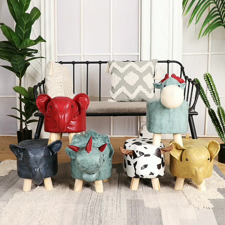 Contemporary Kids Elephant Fabric Wood Footstool — Elephant - Red