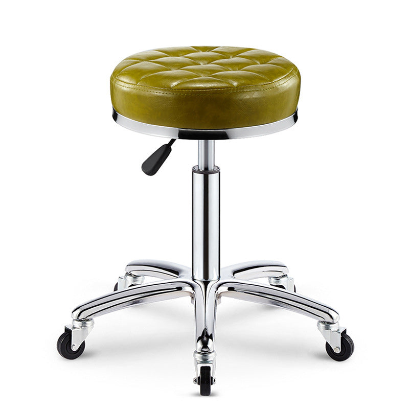 Modern Leather Checked Pattern Round Adjustable Bar Stool — Dark Green - A