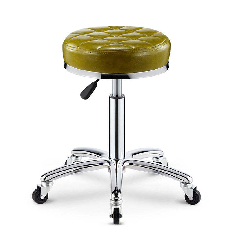 Modern Leather Checked Pattern Round Adjustable Bar Stool — Dark Green - A