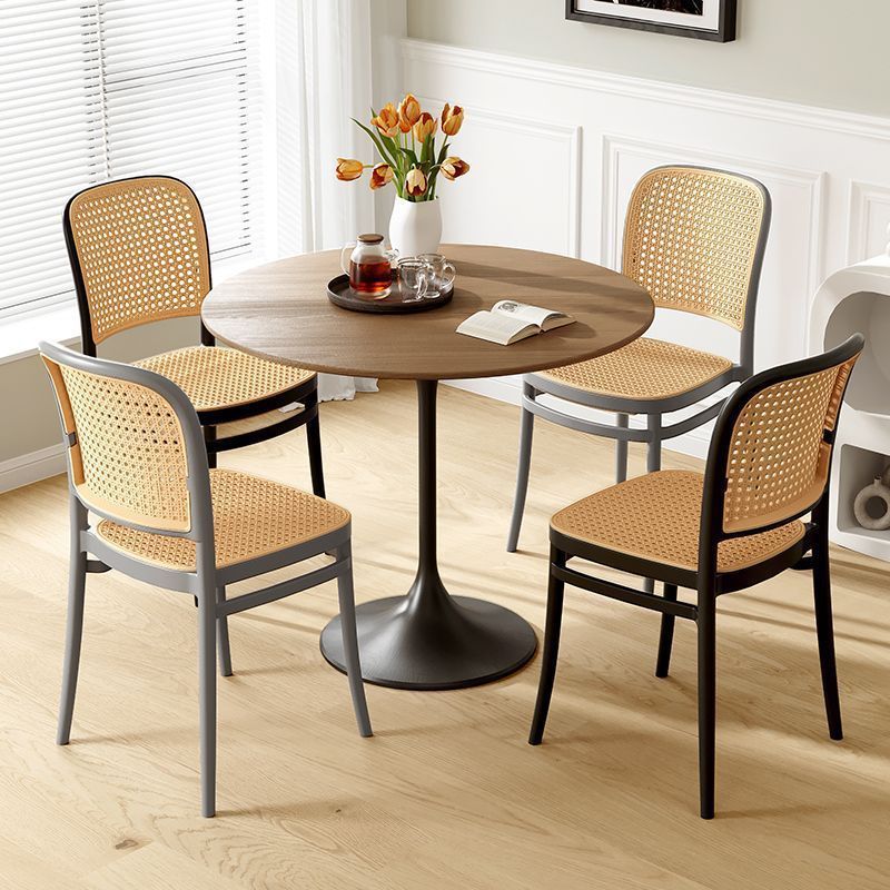 Scandinavian Woven Tritan Stackable Dining Chair — Red Leg & Wood Color Seat