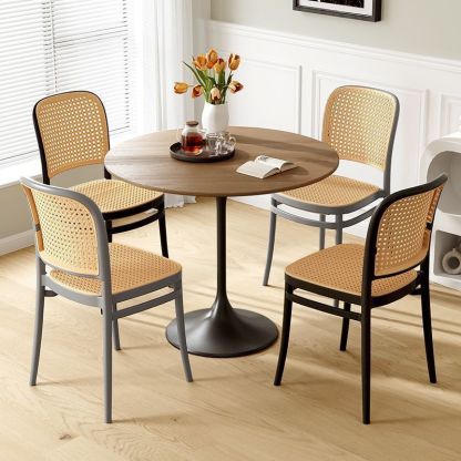 Scandinavian Woven Tritan Stackable Dining Chair — Red Leg & Wood Color Seat