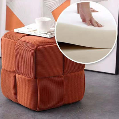 Scandinavian Corduroy Wood Cube Low Stool — White