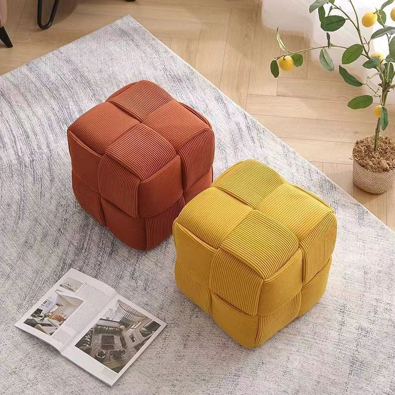 Scandinavian Corduroy Wood Cube Low Stool