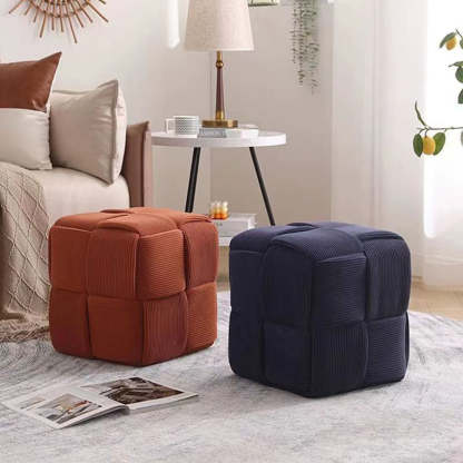 Scandinavian Corduroy Wood Cube Low Stool