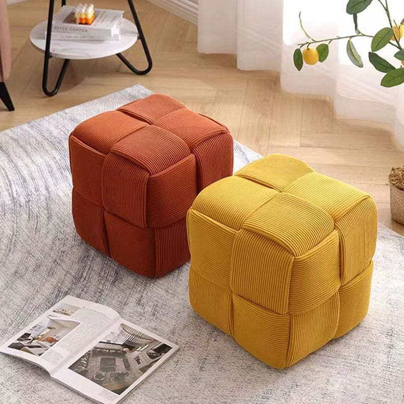 Scandinavian Corduroy Wood Cube Low Stool