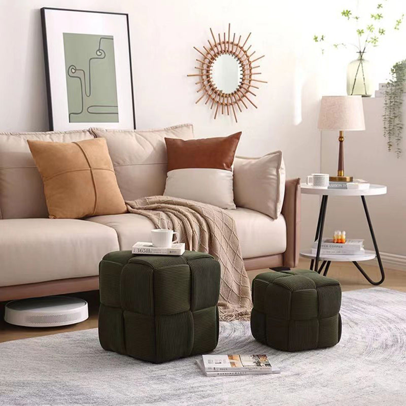 Scandinavian Corduroy Wood Cube Low Stool