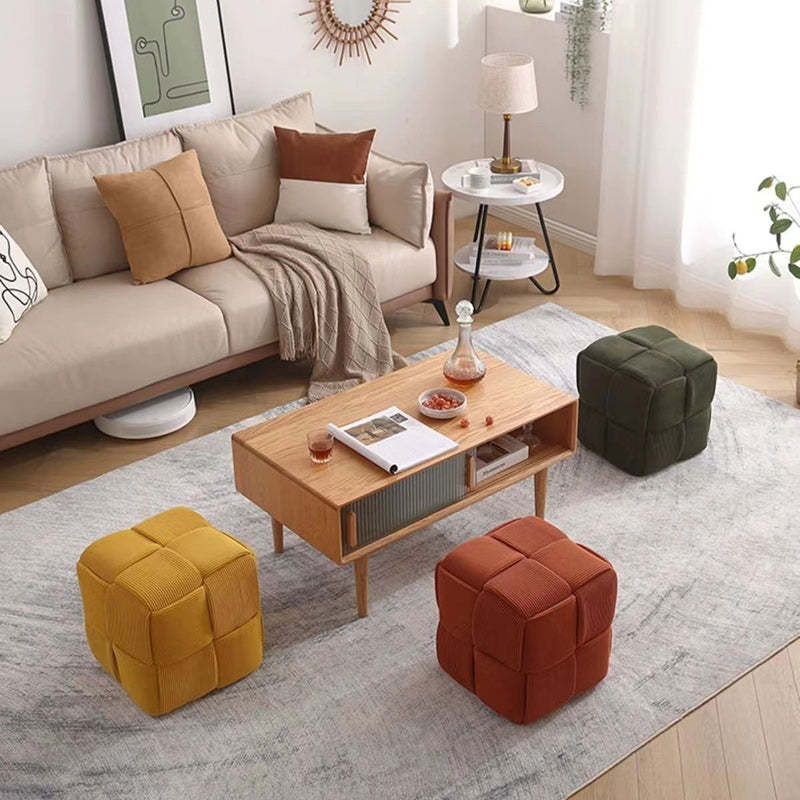 Scandinavian Corduroy Wood Cube Low Stool