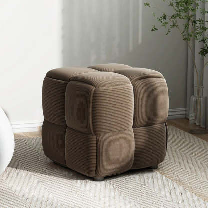 Scandinavian Corduroy Wood Cube Low Stool — Dark Blue