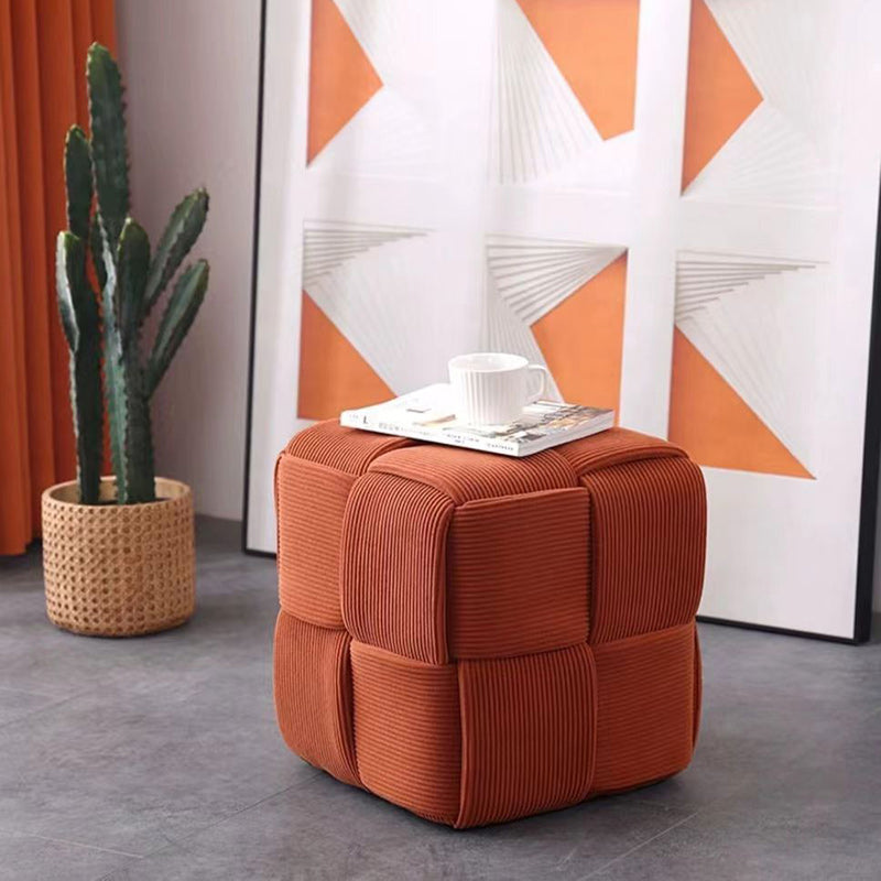 Scandinavian Corduroy Wood Cube Low Stool — Brown