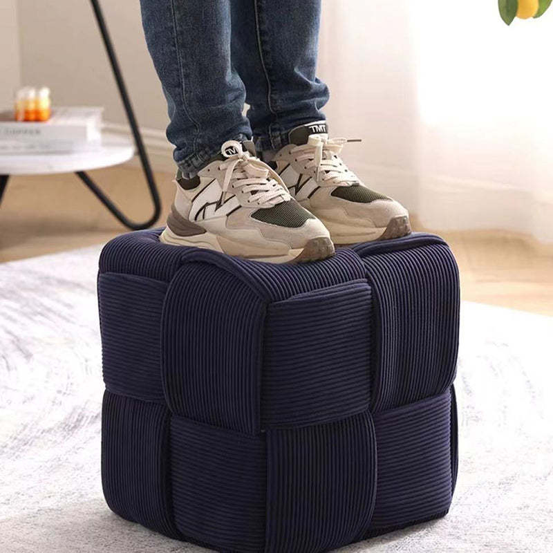 Scandinavian Corduroy Wood Cube Low Stool — Dark Gray
