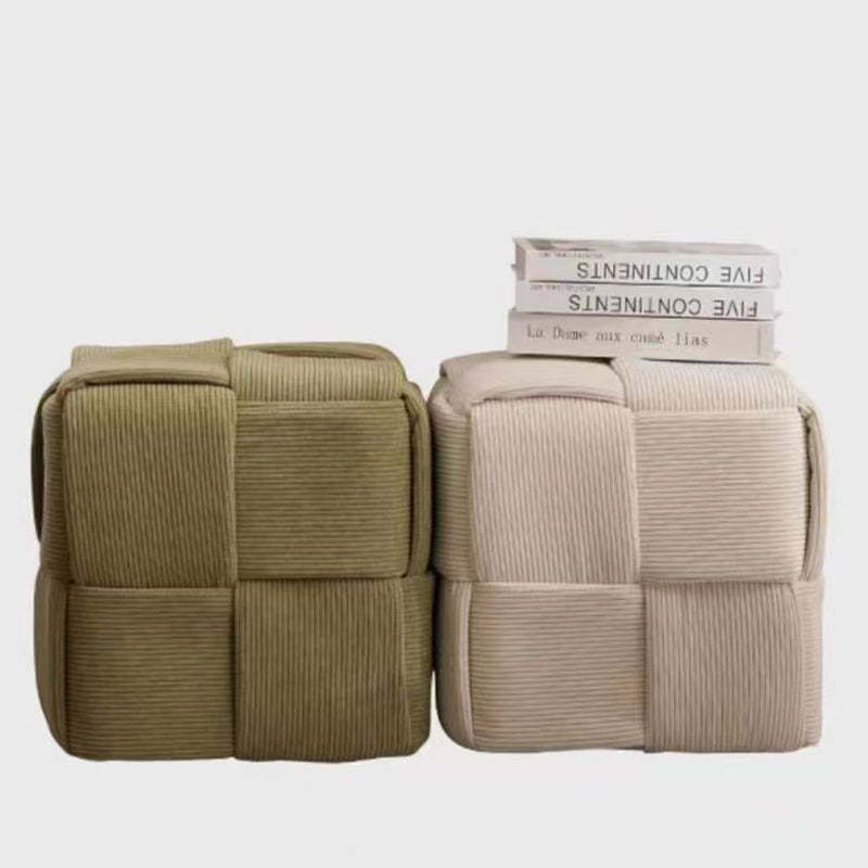 Scandinavian Corduroy Wood Cube Low Stool