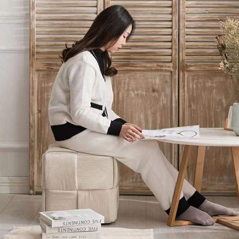 Scandinavian Corduroy Wood Cube Low Stool
