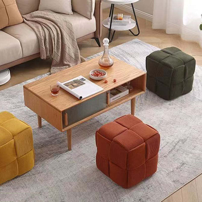 Scandinavian Corduroy Wood Cube Low Stool — Brown