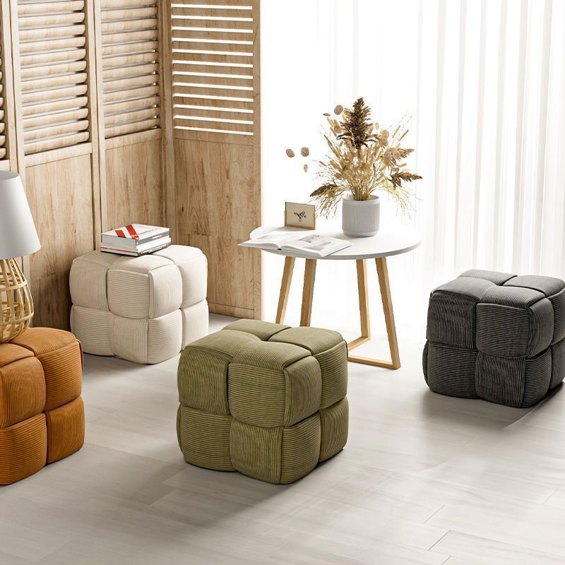 Scandinavian Corduroy Wood Cube Low Stool — Dark Gray