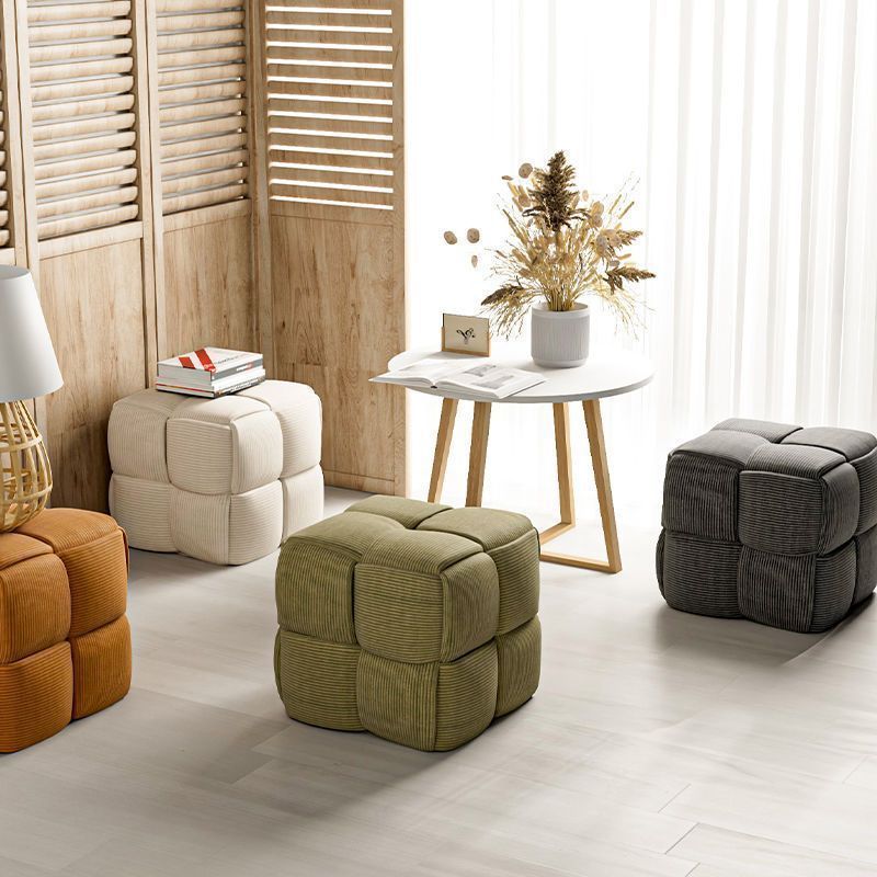 Scandinavian Corduroy Wood Cube Low Stool — Dark Gray