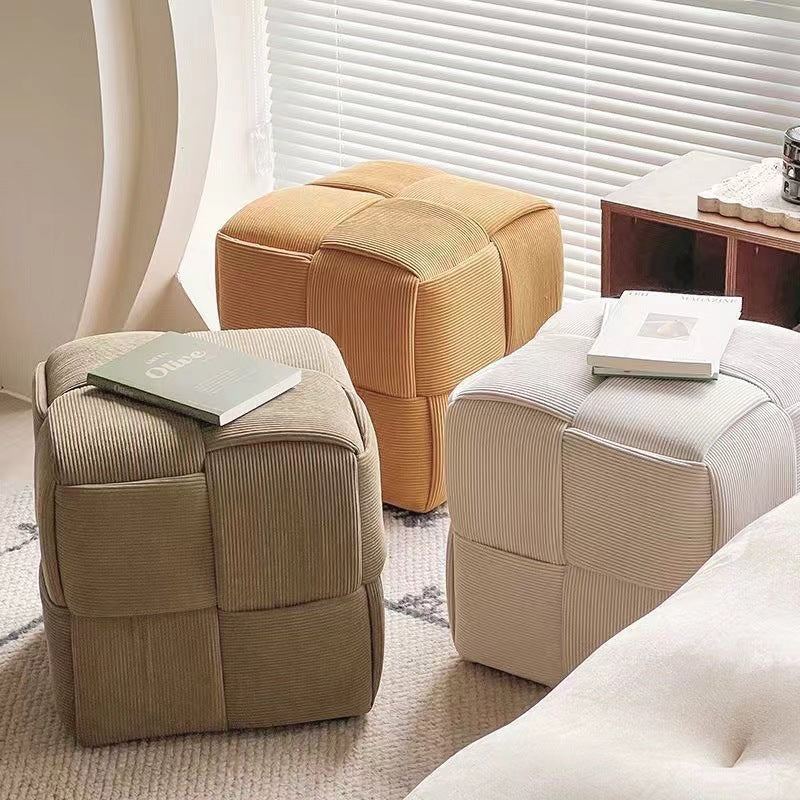 Scandinavian Corduroy Wood Cube Low Stool