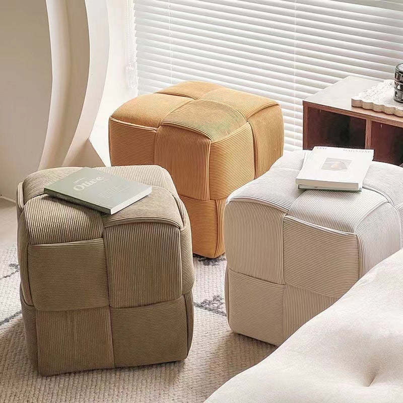 Scandinavian Corduroy Wood Cube Low Stool