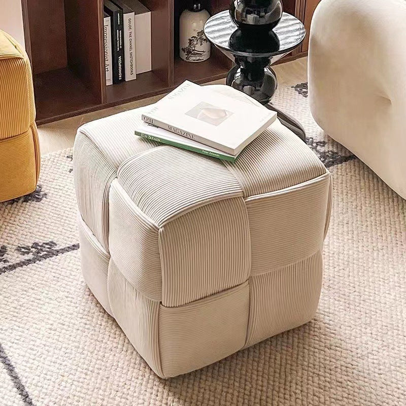 Scandinavian Corduroy Wood Cube Low Stool — Brownish Yellow