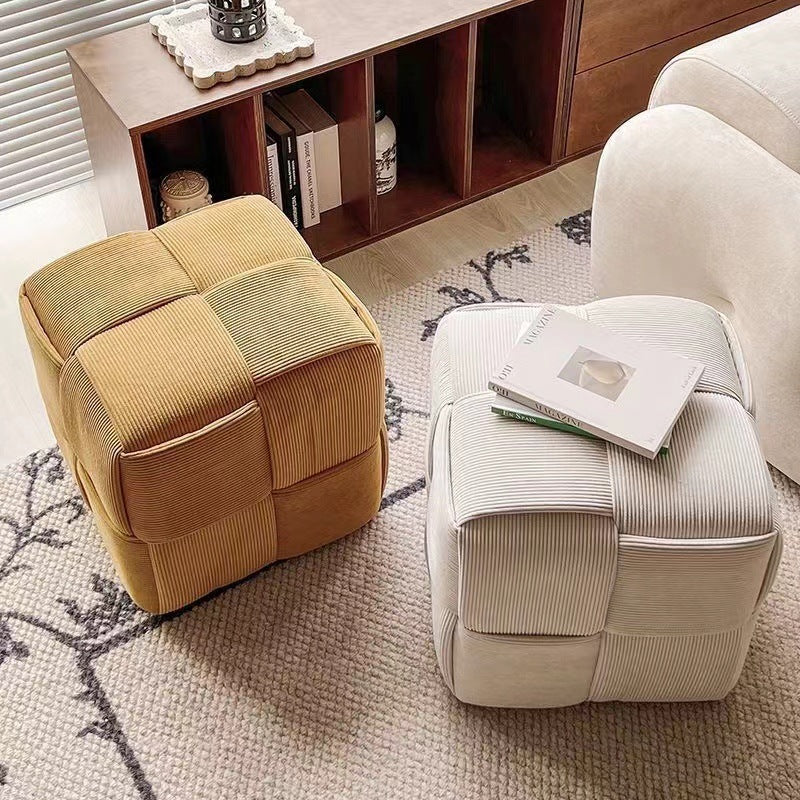 Scandinavian Corduroy Wood Cube Low Stool — Brownish Yellow