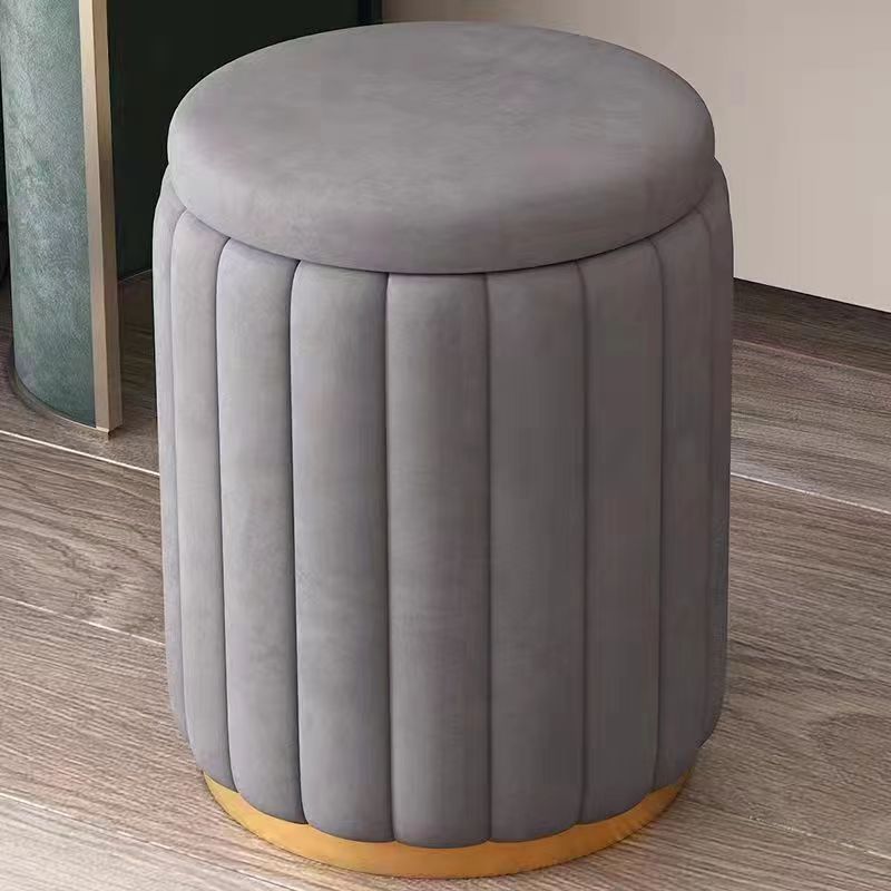 Scandinavian Velvet Wood Round Vanity Stool With Storage — Containable / Brown