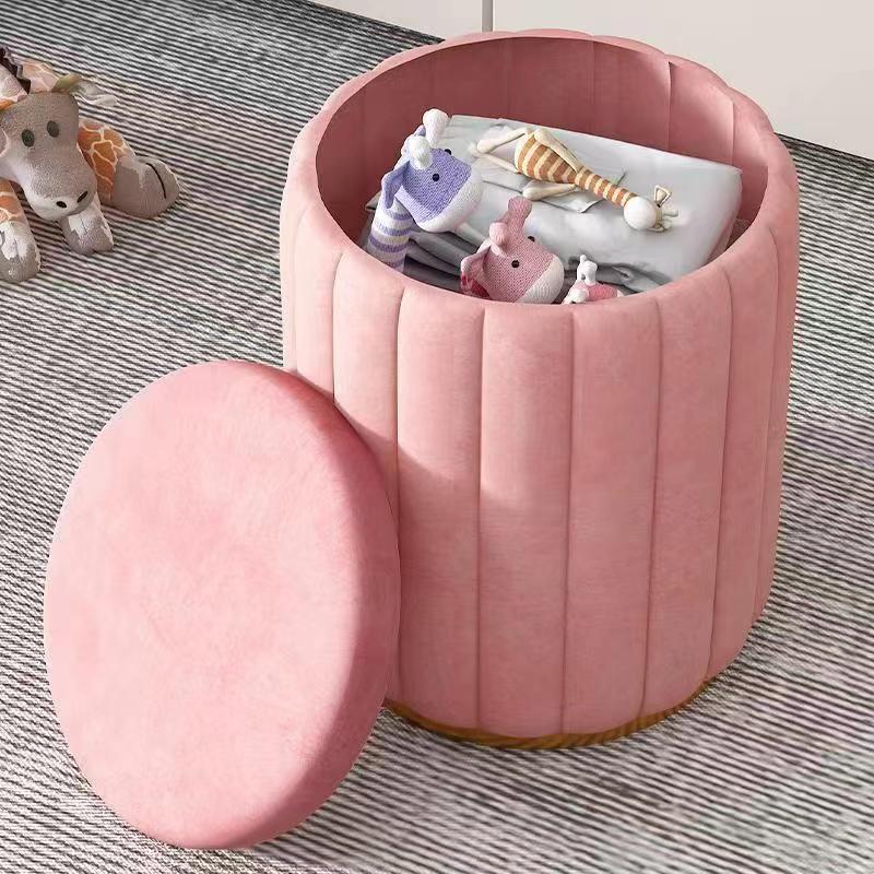 Scandinavian Velvet Wood Round Vanity Stool With Storage — Not Containable / Red