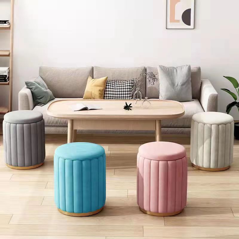 Scandinavian Velvet Wood Round Vanity Stool With Storage — Not Containable / Yellow