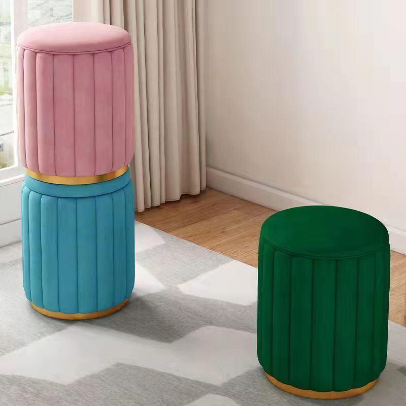 Scandinavian Velvet Wood Round Vanity Stool With Storage — Not Containable / Blue