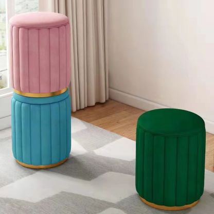 Scandinavian Velvet Wood Round Vanity Stool With Storage — Not Containable / Blue