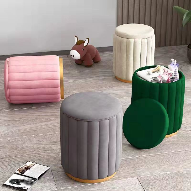 Scandinavian Velvet Wood Round Vanity Stool With Storage — Not Containable / Pink