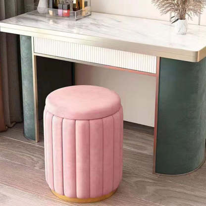 Scandinavian Velvet Wood Round Vanity Stool With Storage — Not Containable / Gray