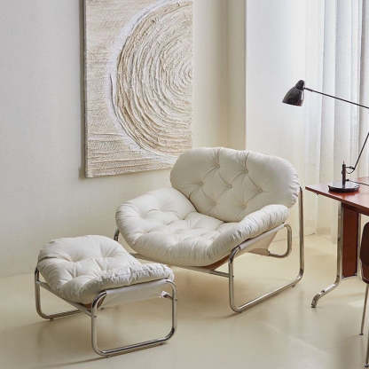 Retro Leather Fabric Steel Cloud Accent Chair — Without Footrest / White