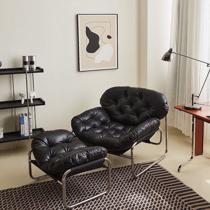 Retro Leather Fabric Steel Cloud Accent Chair — With Footrest / White