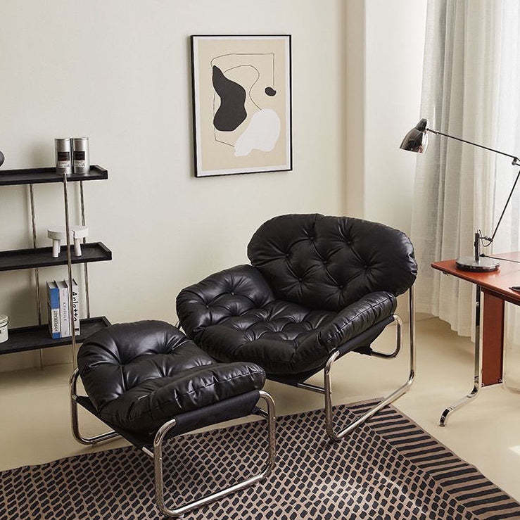 Retro Leather Fabric Steel Cloud Accent Chair — With Footrest / White