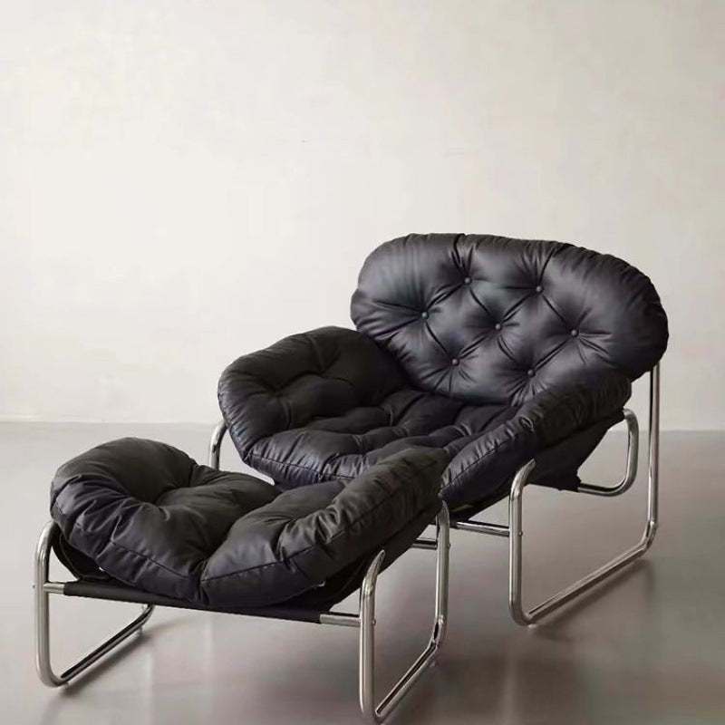 Retro Leather Fabric Steel Cloud Accent Chair — With Footrest / Black