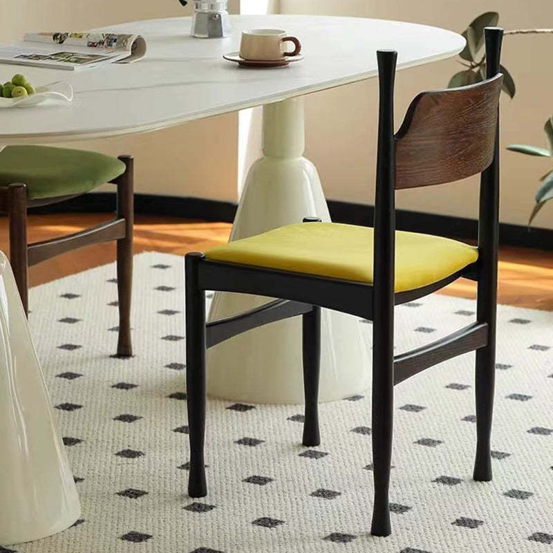 French Rubberwood Velvet Cow Horn Dining Chair — Walnut Color / Green