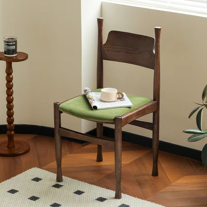 French Rubberwood Velvet Cow Horn Dining Chair — Black / Green
