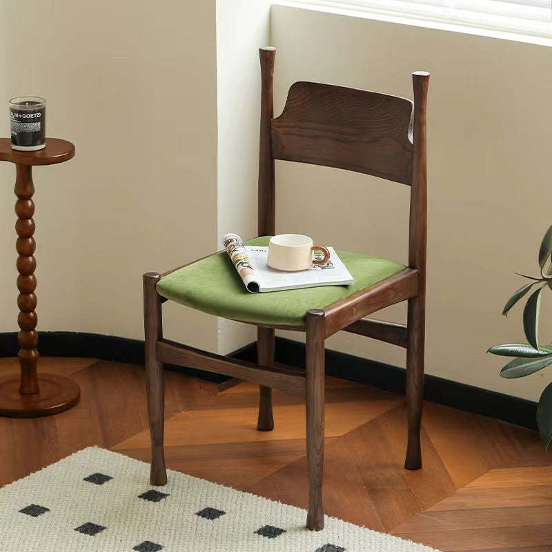 French Rubberwood Velvet Cow Horn Dining Chair — Black / Green