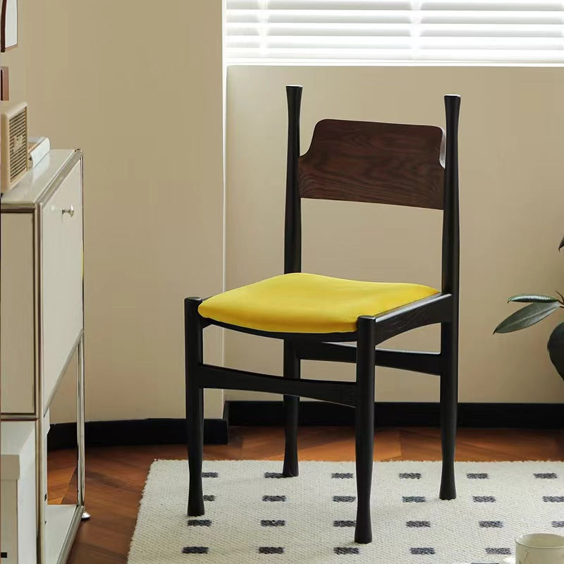 French Rubberwood Velvet Cow Horn Dining Chair — Black / Yellow