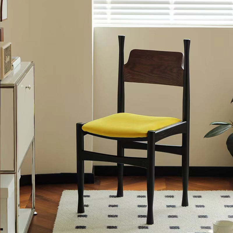 French Rubberwood Velvet Cow Horn Dining Chair — Black / Yellow