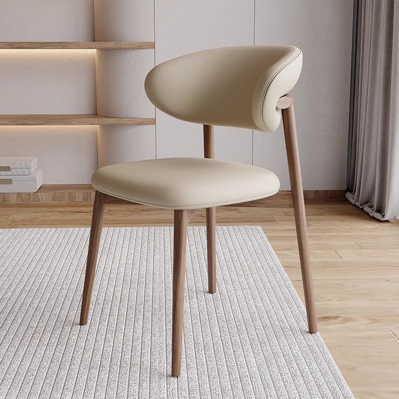 Scandinavian Microfiber Leather Curved Square Dining Chair — Wood Color / Khaki