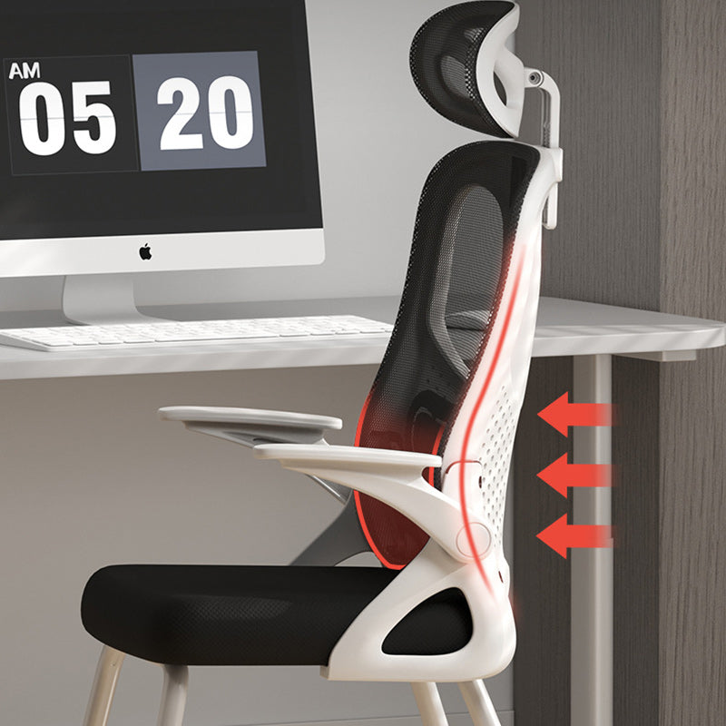 Modern Polyester Mesh Iron Desk Chair — With Headrest / Latex / White Frame & Gray Mesh