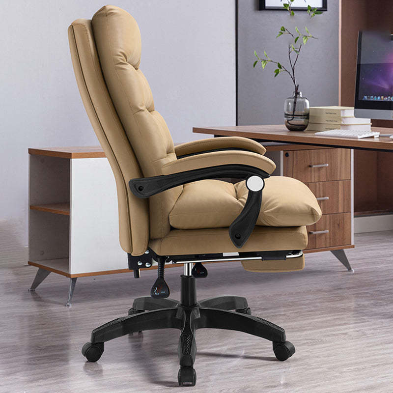 Modern Cowhide Steel Massage Desk Chair — With Footrest / Stylized Cotton Cushion / Khaki