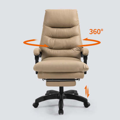 Modern Cowhide Steel Massage Desk Chair — With Footrest / Stylized Cotton Cushion / Black
