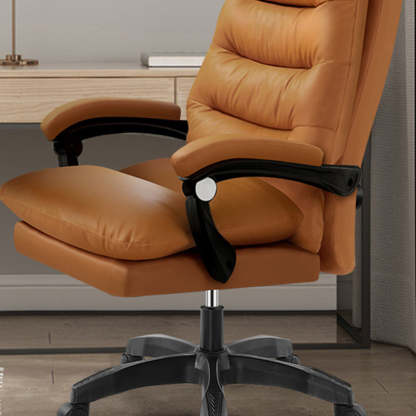Modern Cowhide Steel Massage Desk Chair — Massageable & With Footrest / Stylized Cotton Cushion / Khaki